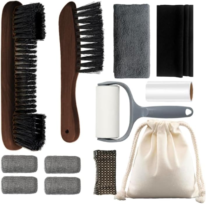 Pool Table Brush Set for Felt, 12 Kit Billiard Table Cleaning Accessories with 2 Wood Brush, 4 Ferrule Polish Cloths, Cue Shaft Cleaner Cloth, Sticky Lint Roller, Storage Bag